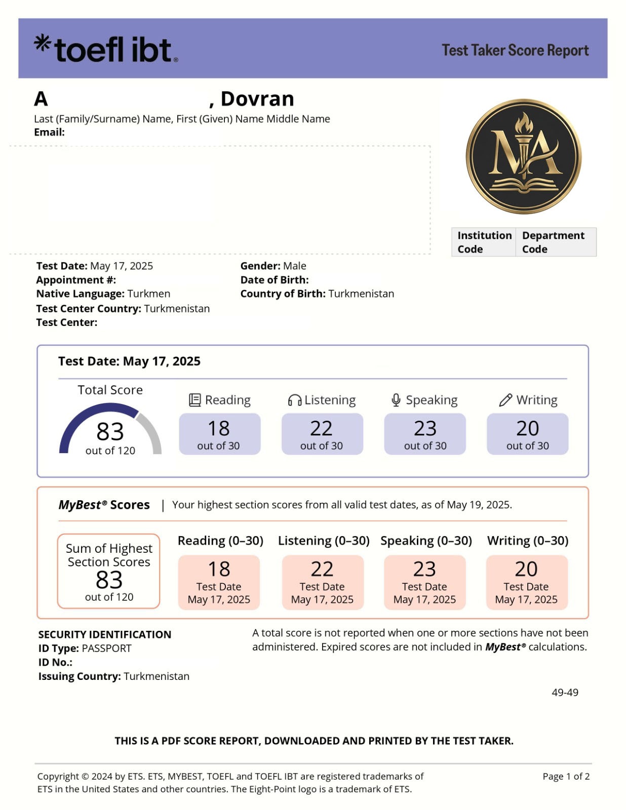Dovran A. ETS TOEFL score report — 83 / 120 Total Score