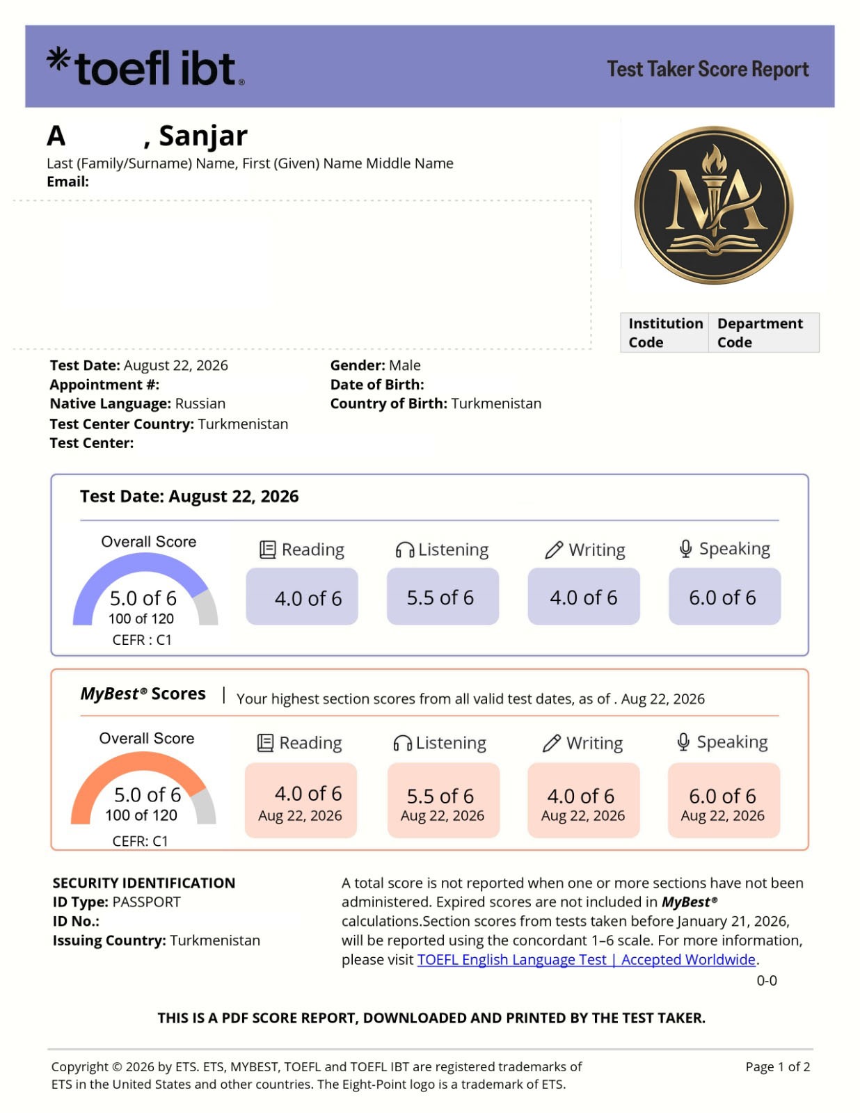 Sandjar A. ETS TOEFL score report — Score: 5.0 / 6.0